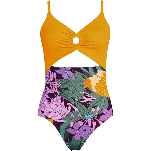 Land's End One piece monokini swimsuit adjust Dark wine floral Blooms Mango Var - Picture 2 of 6